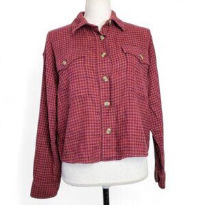 American Eagle Plaid Flannel Cropped Oversized Top Flap Pocket Chunky Button S